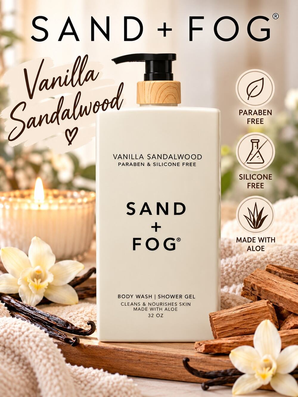Sand + Fog Vanilla Sandalwood 32 oz Body Wash NEW